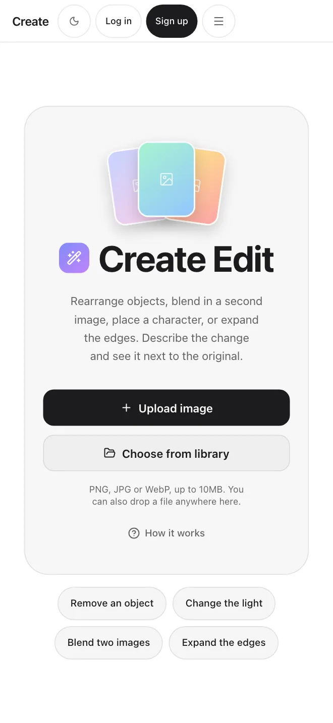 Create app screen: Create Edit with an upload button and a before and after slider