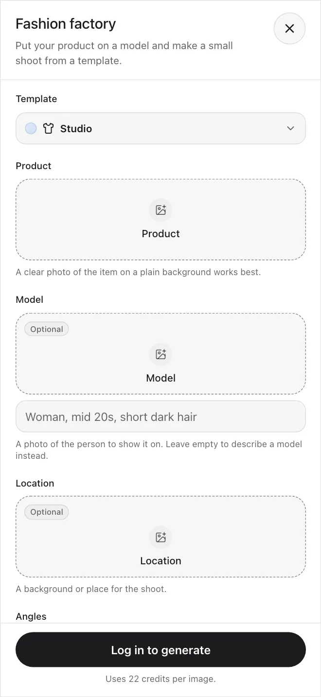 Create app screen: Fashion factory, where you add a product and choose a template