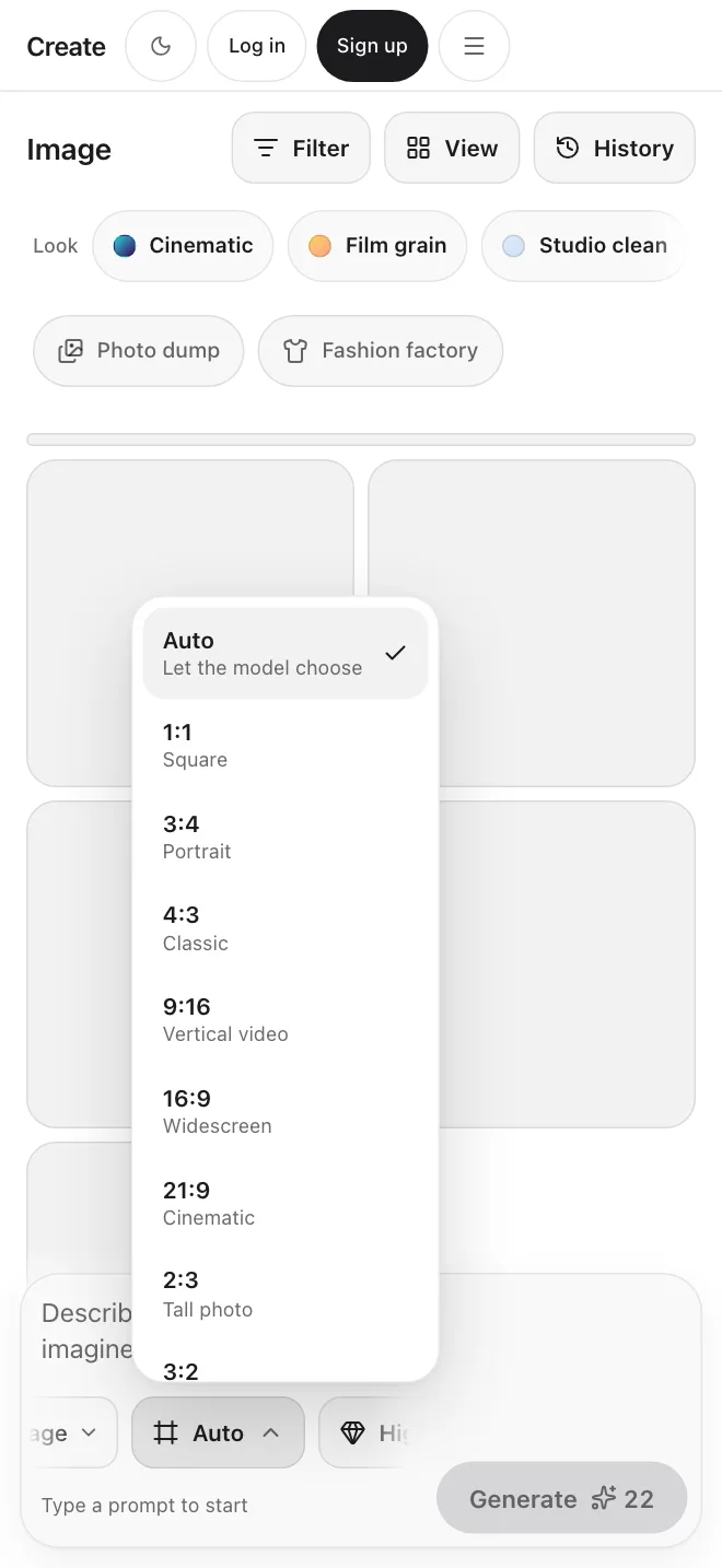 Create app screen: the aspect ratio menu on the Image tool