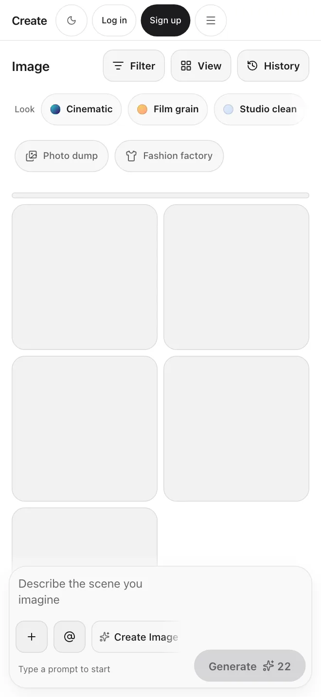 Create app screen: the Image tool with look presets and the prompt bar