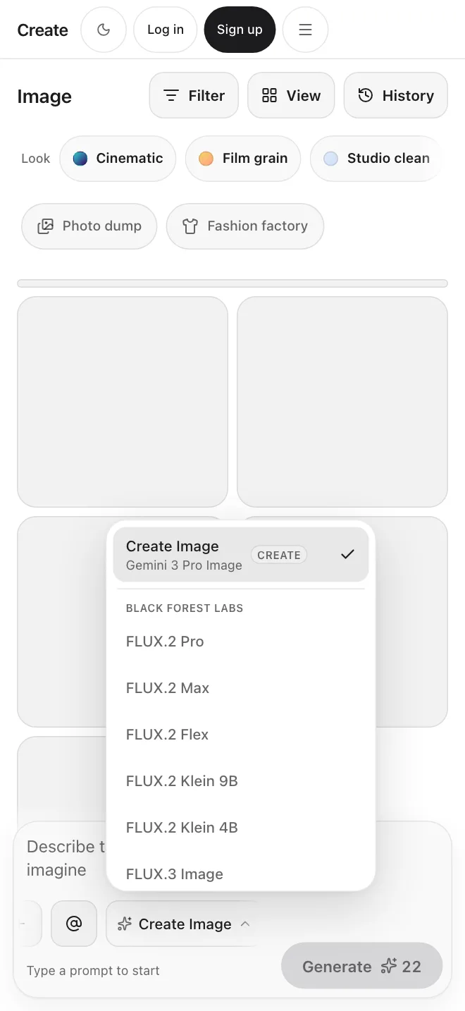 Create app screen: the model list open on the Image tool