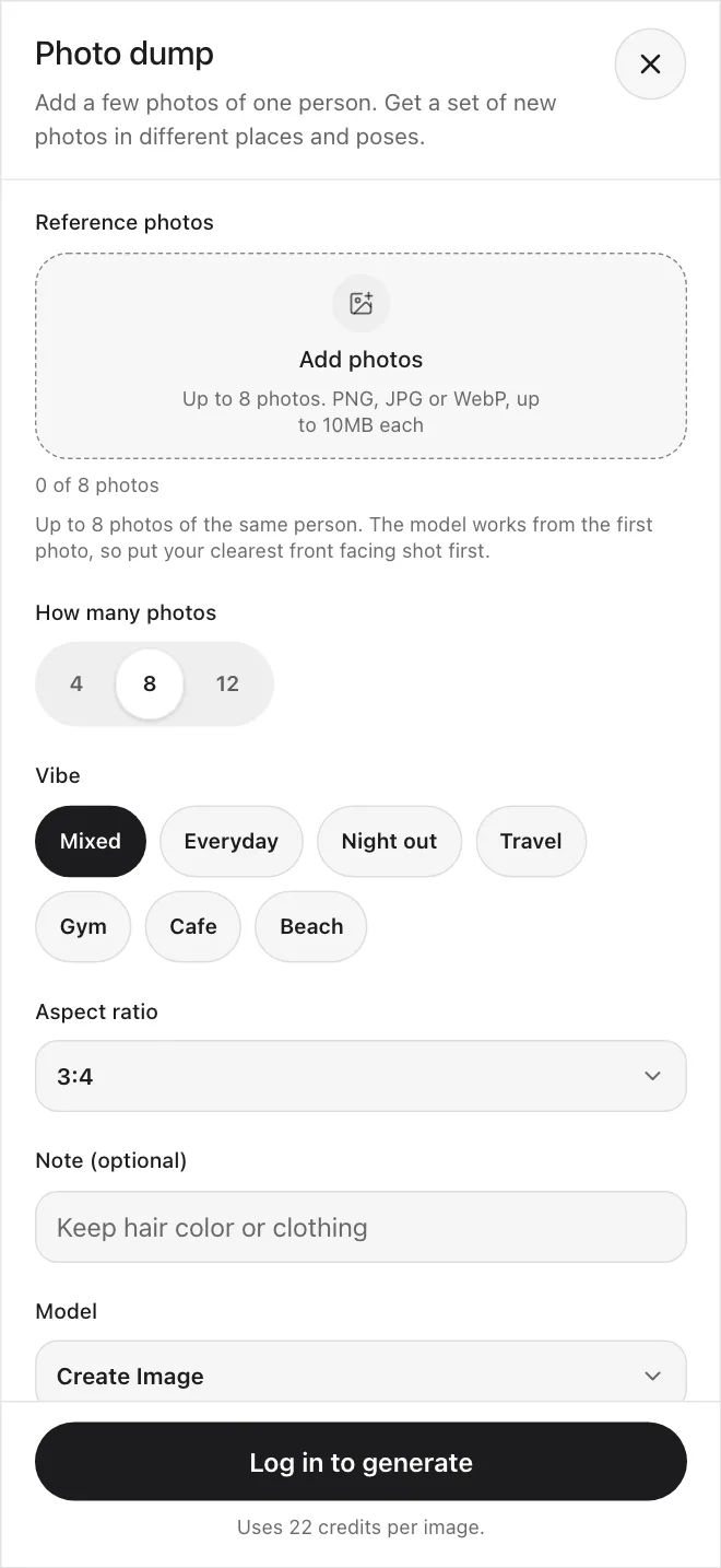 Create app screen: Photo dump, where you add reference photos and pick a vibe