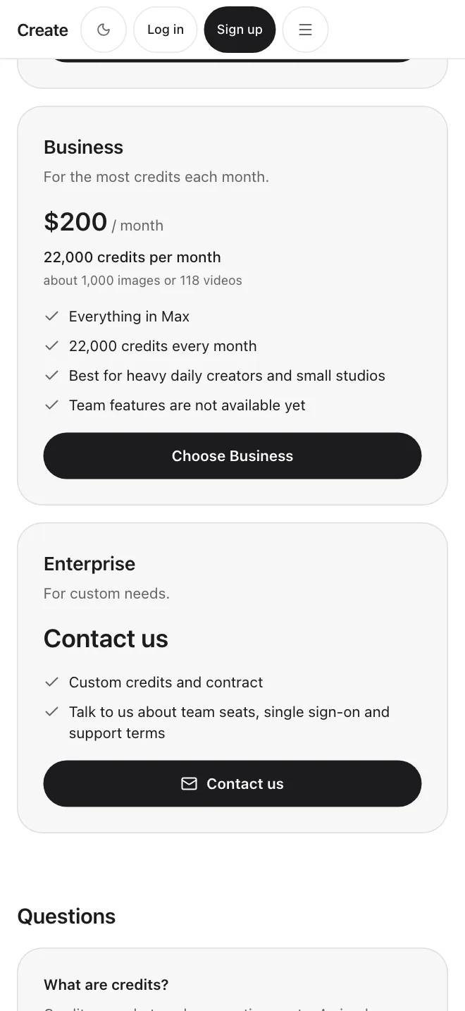 Create app screen: the Business and Enterprise plans