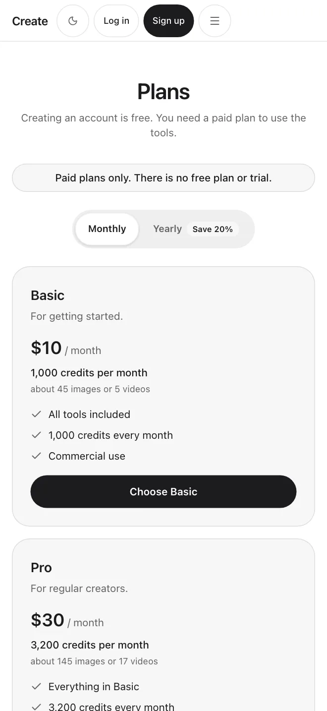 Create app screen: the Plans screen with monthly and yearly billing