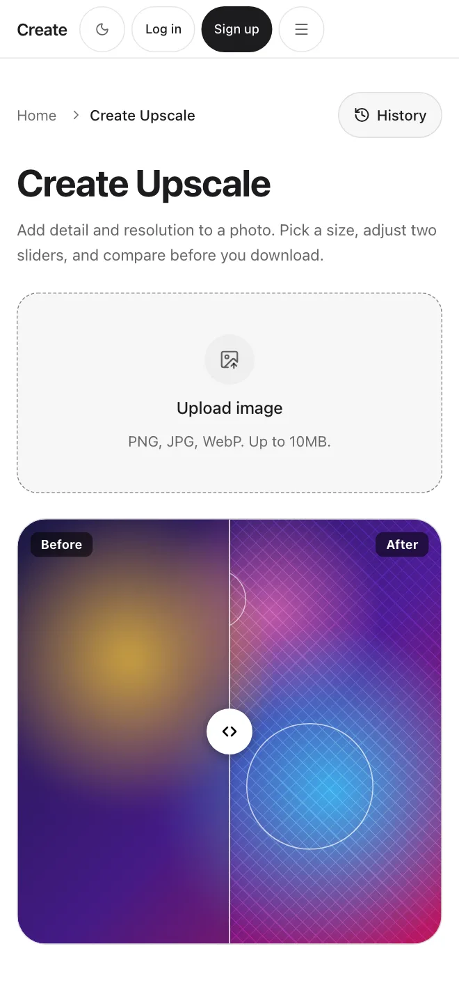 Create app screen: Create Upscale with an image upload area
