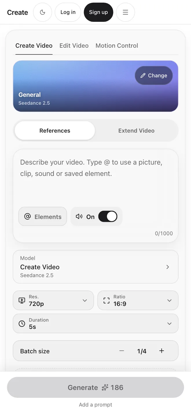 Create app screen: the Create Video screen with resolution, ratio and duration
