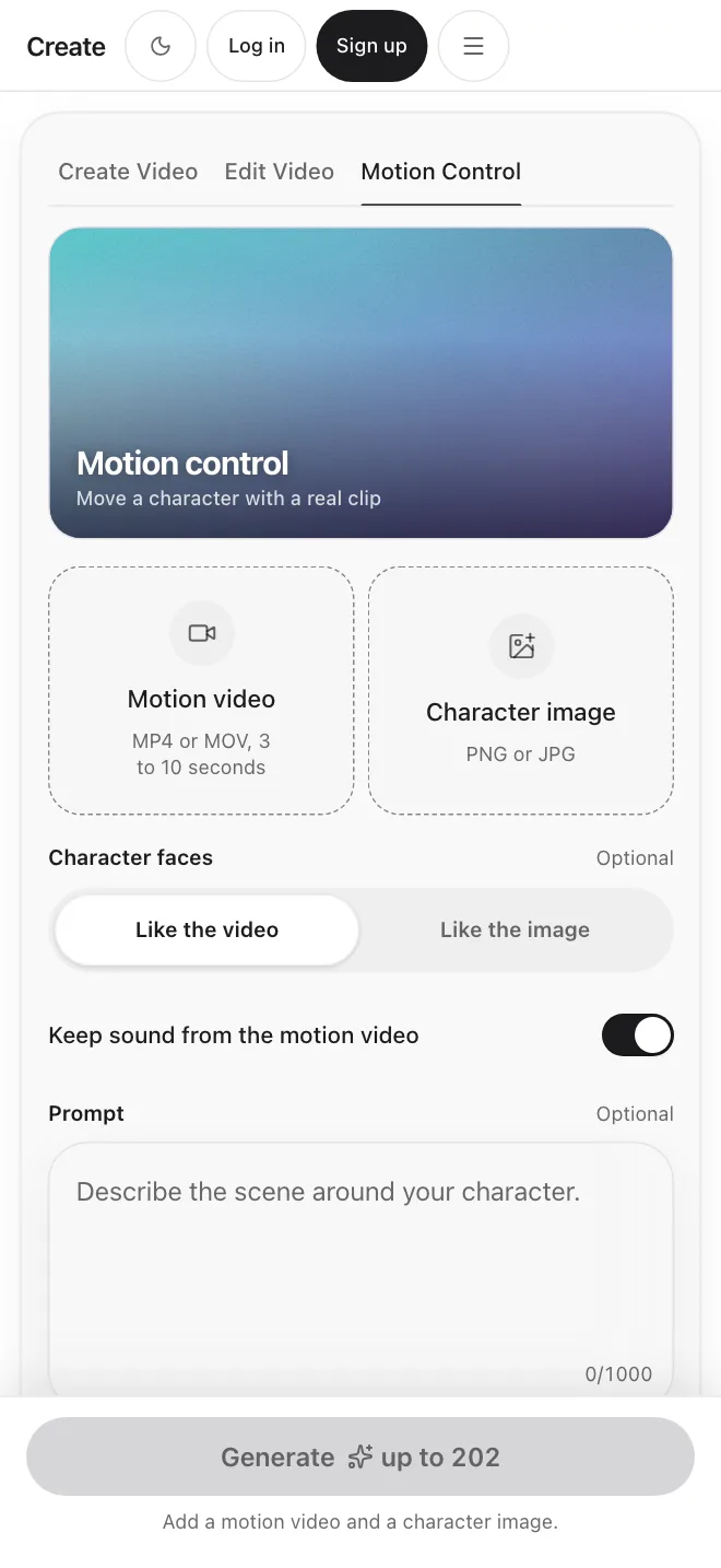 Create app screen: Motion Control, which moves a character with a real clip