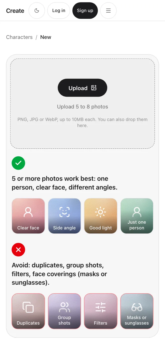 Create app screen: the new Character screen with an Upload button and photo tips