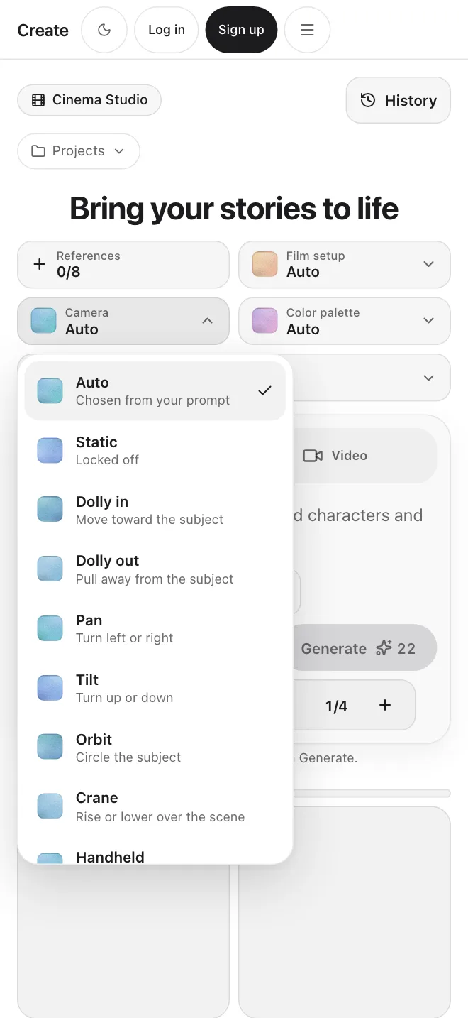 Create app screen: the camera move menu in Cinema Studio