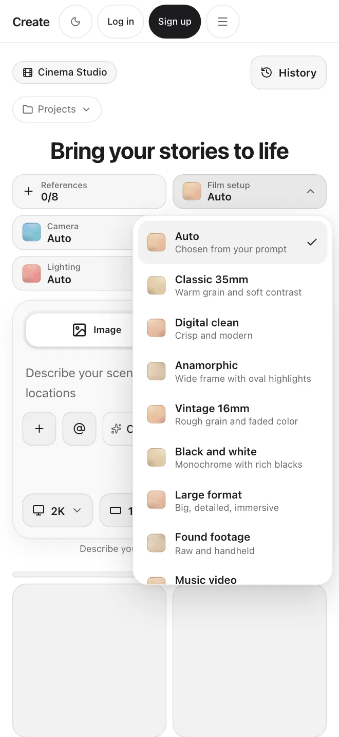 Create app screen: the film setup menu in Cinema Studio