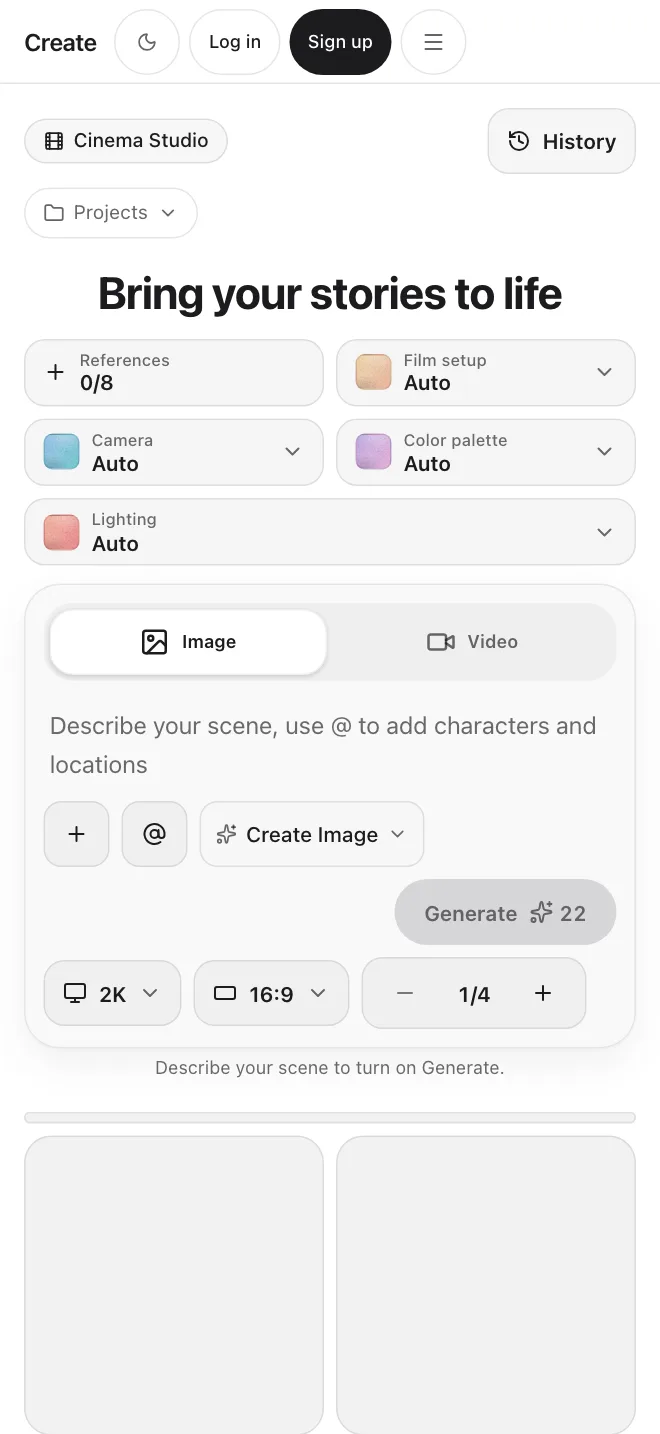 Create app screen: Cinema Studio with film setup, camera, palette and lighting