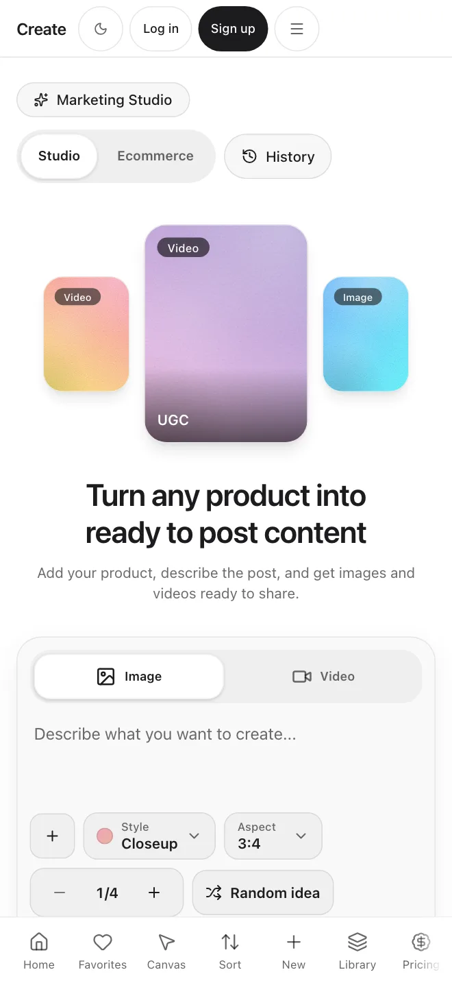 Create app screen: Marketing Studio with image and video tabs