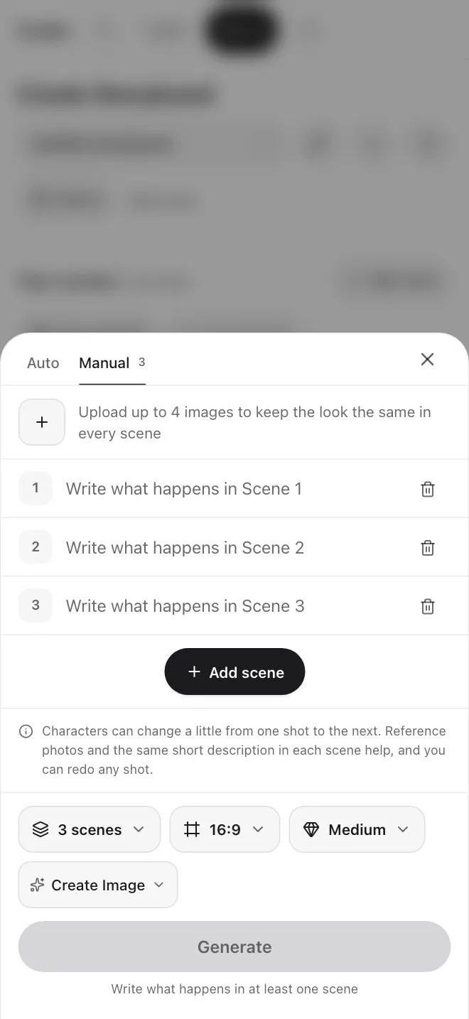 Create app screen: Create Storyboard with Auto and Manual tabs, scene rows, aspect ratio and Generate