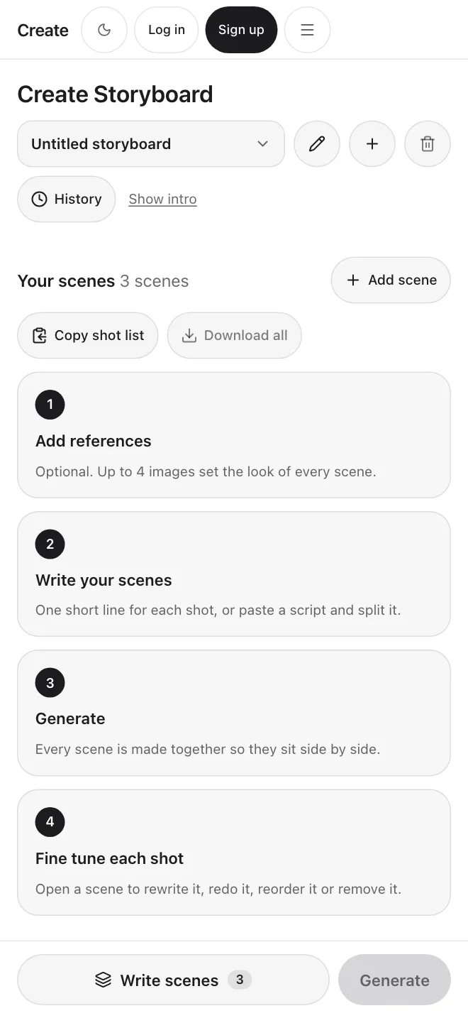 Create app screen: Create Storyboard with the scene list, Copy shot list and Generate